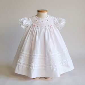 Will’beth Smocked White Dress with Hand Embroidered Flowers Baby Girl | 0-3 M